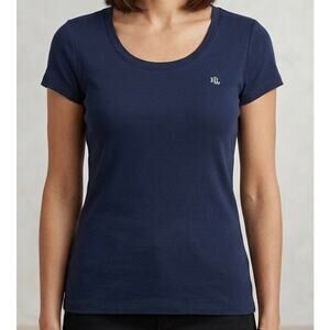 Lauren Ralph Lauren Navy Blue Scoop Neck T-Shirt Womens Medium RLL Logo Top